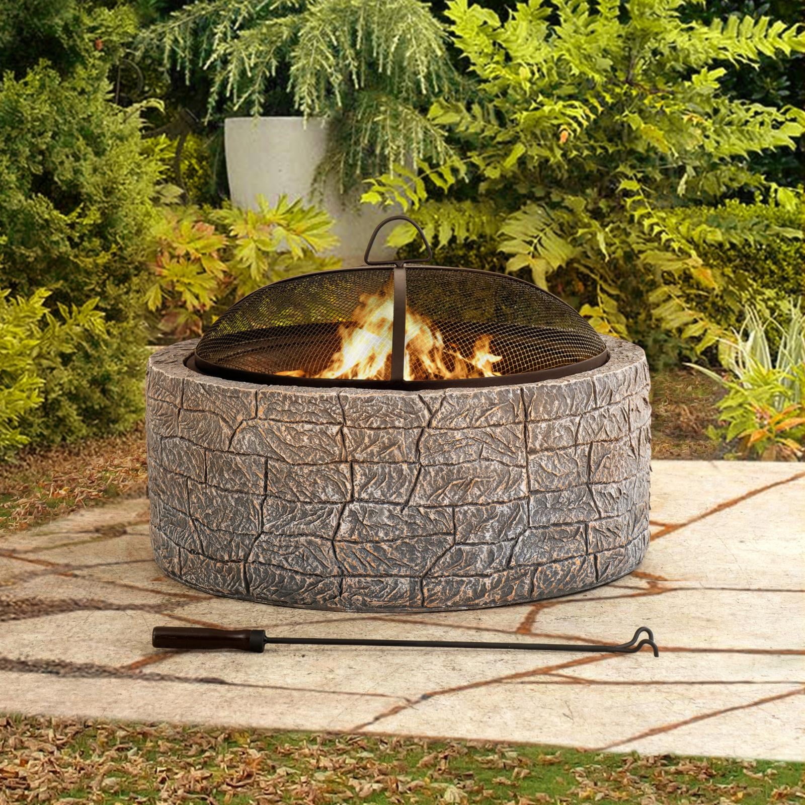Sunjoy Stone Fire Pit 26 Inch, Outdoor Round Wood Burning Fire Pits with Spark Screen and Poker  Grey
