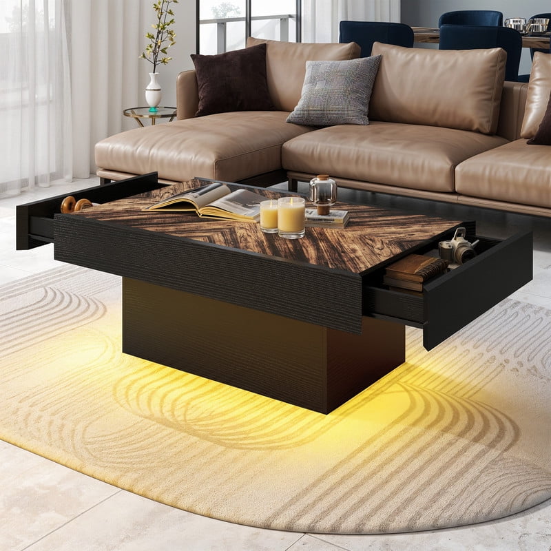 Uforic Farmhouse Coffee Table with 2 Drawers, LED Center Table with Music Sync, Black