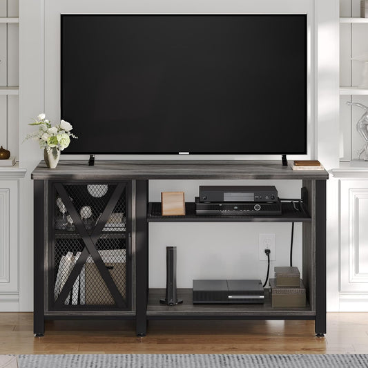 Uforic Industrial TV Stand for 65 inch TVs, TV Cabinet with Power Outlet,2 Open Storage Shelves for Living Room,Gray