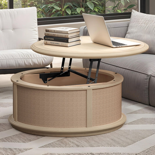 Uforic Round Rattan Drum Coffee Table with Lifting Top