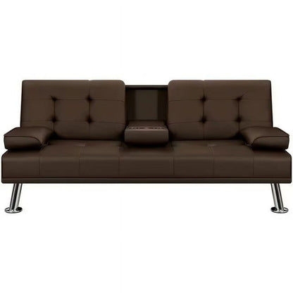 Vineego Modern Faux Leather Couch Convertible Folding Futon Sofa Bed with 2 Cup Holders,White