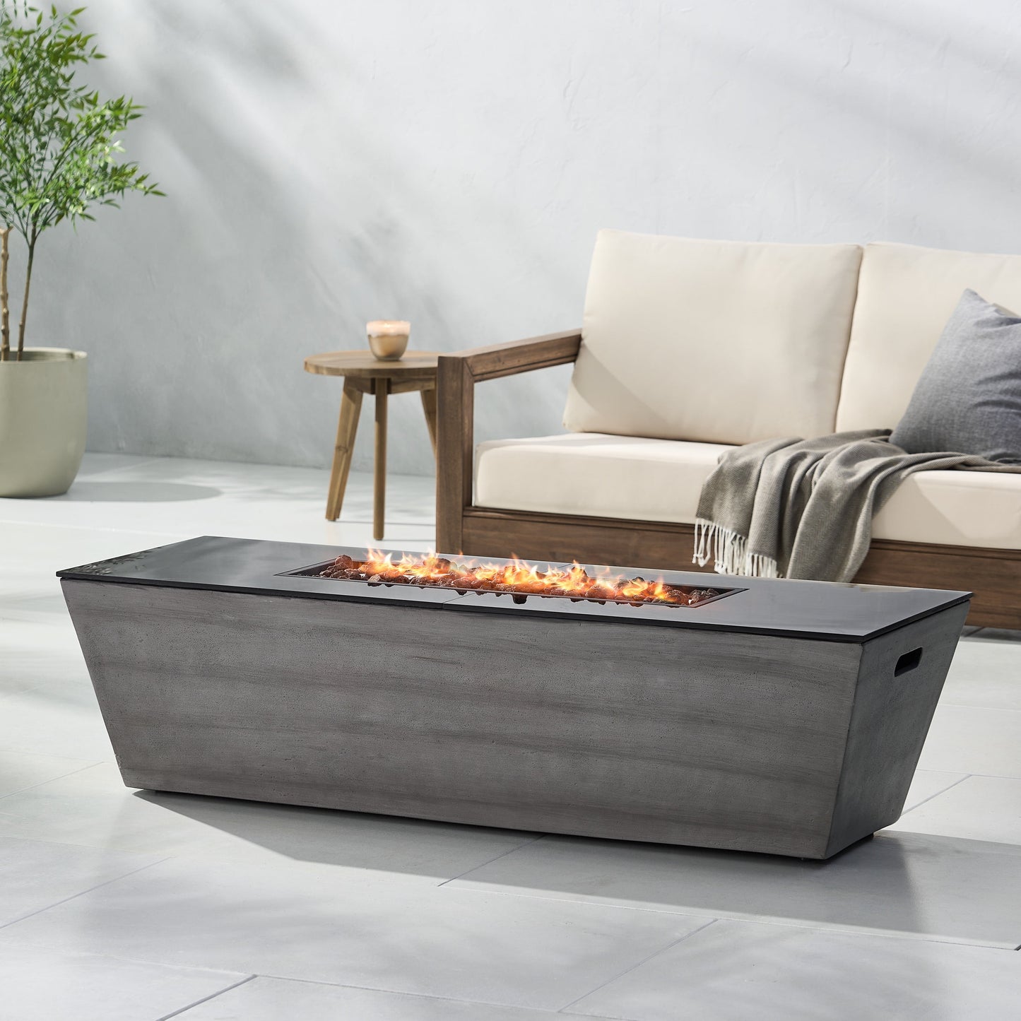 Warren Lightweight Concrete and Ceramic Outdoor 50,000 BTU Rectangular Fire Pit (No Tank Holder), Dark Gray and Black