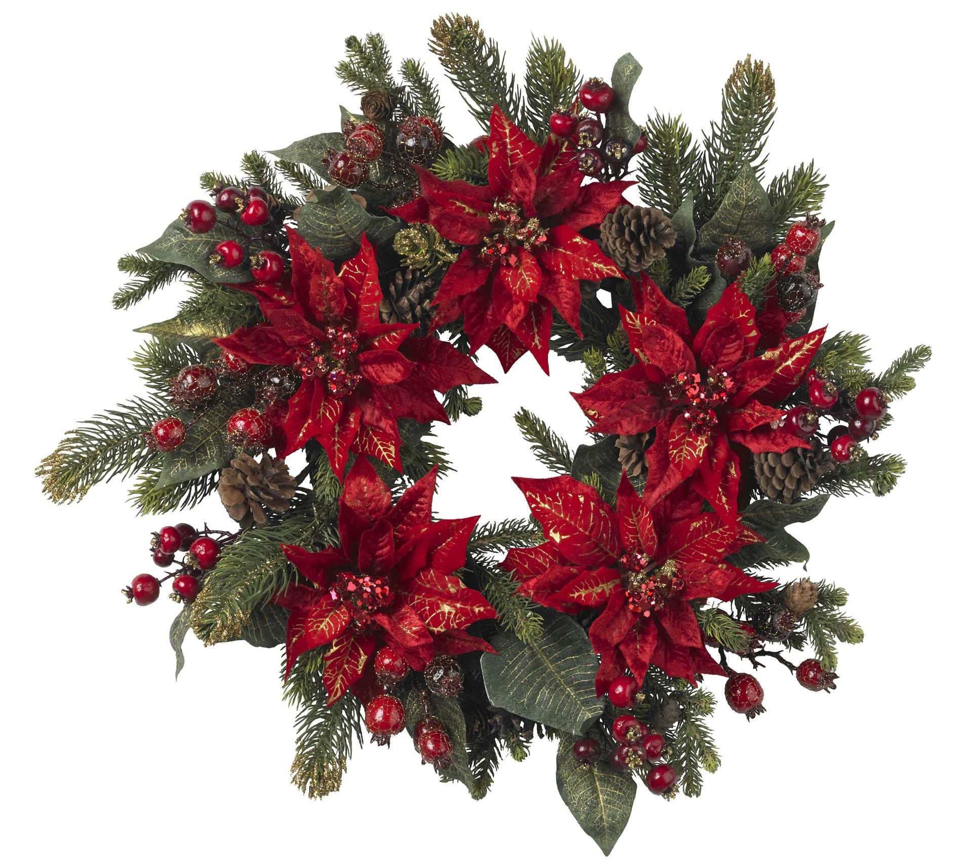 24" Poinsettia & Berry Wreath by Nearly Natural